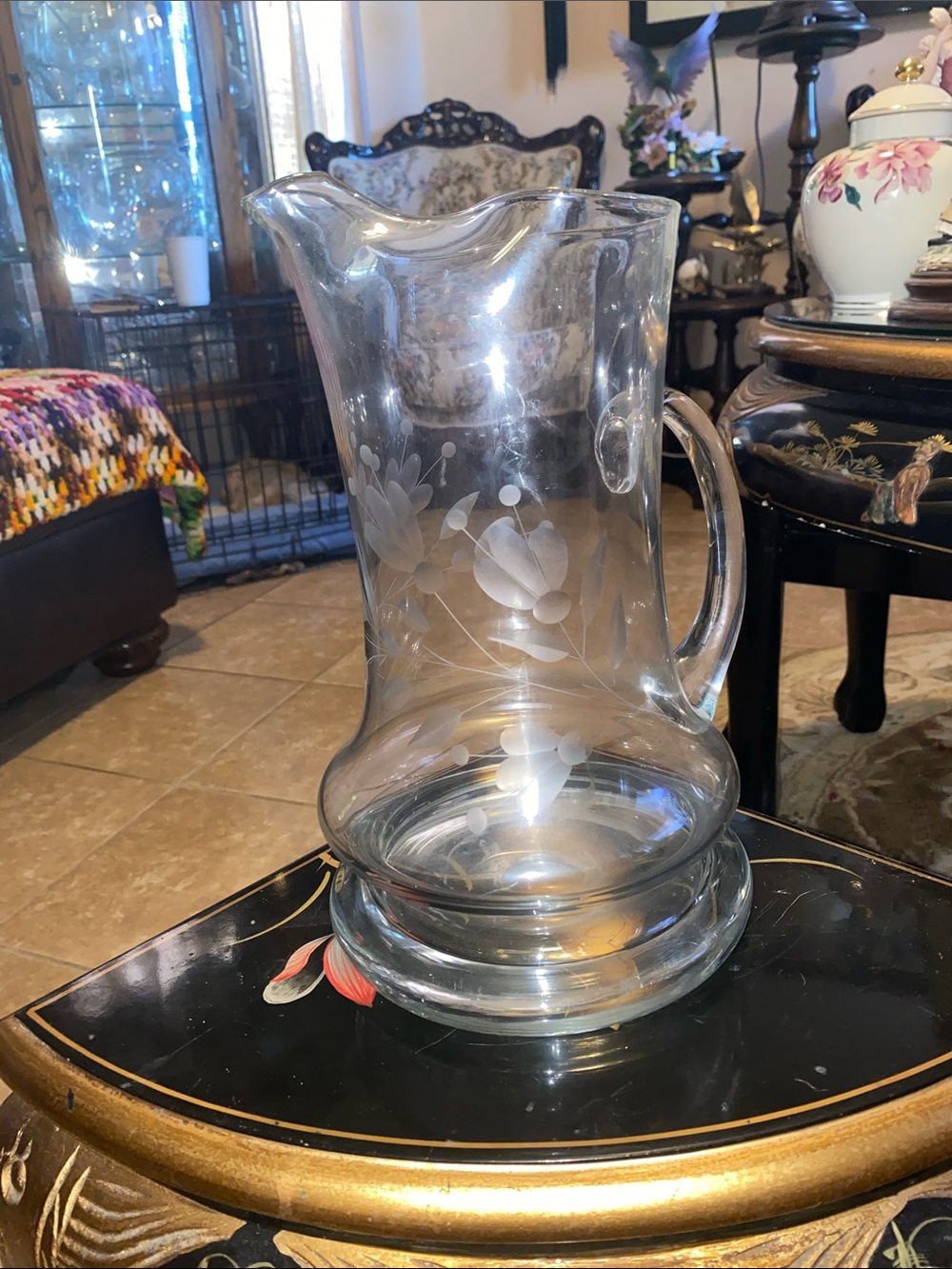 Vintage Princess House Etched Glass Pitcher with Floral Motif - Clear 10.5” Tall